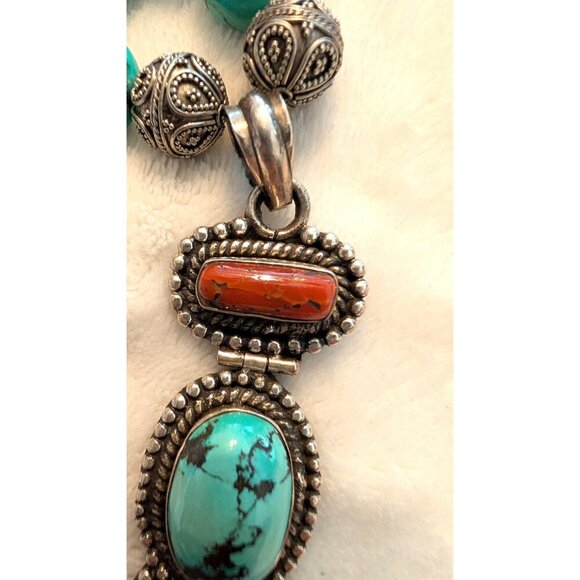 Vintage Turquoise & Coral Necklace Sterling Silver 115.4g Tribal Native American - Picture 9 of 13